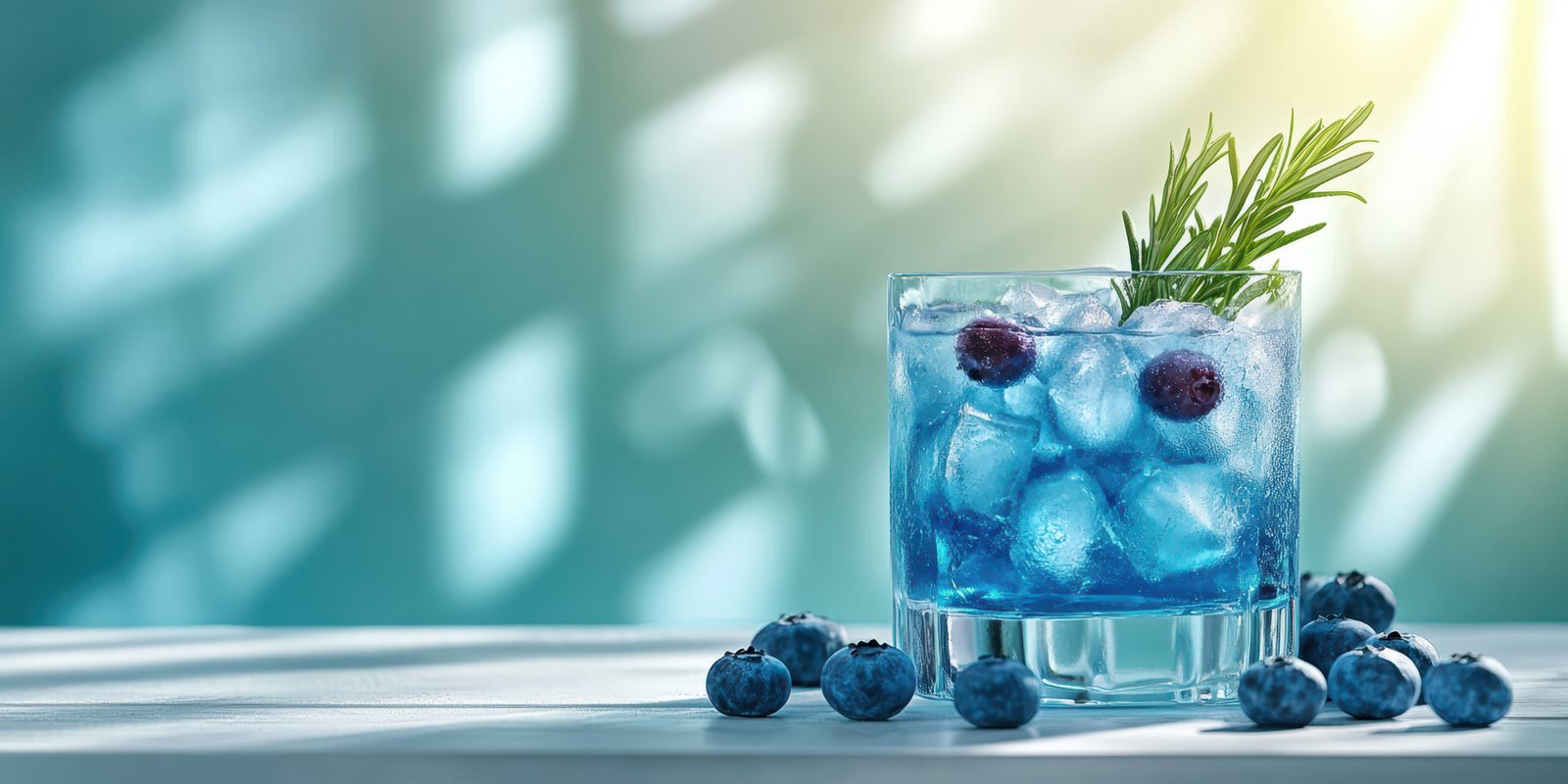 Refreshing summer cocktail garnished with blueberries and rosemary in a stylish glass